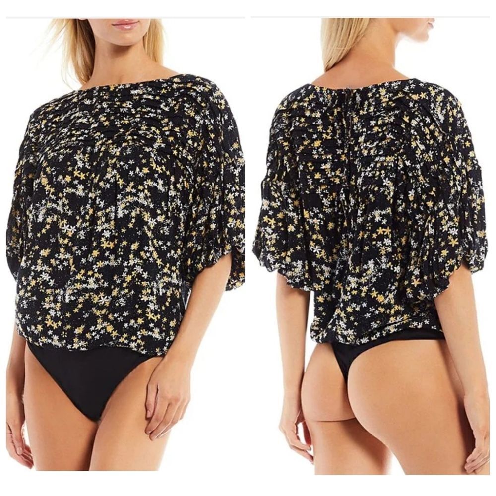 Free People Floral Print Boat Neck Puff Elbow Sleeve Mixed Media Bodysuit